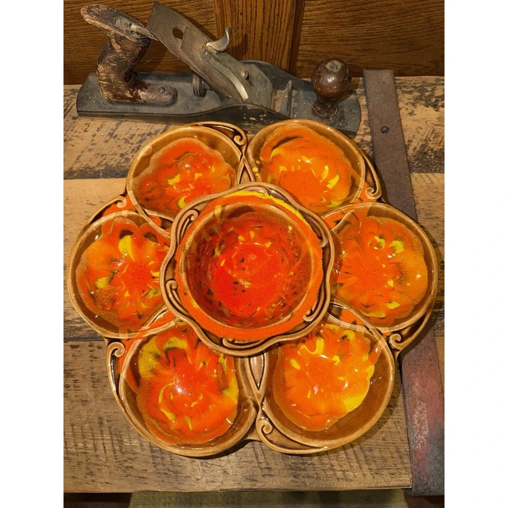 Vintage 1960's California Orig. Pottery Relish Veggie Chip Dip 3 Sections #1192